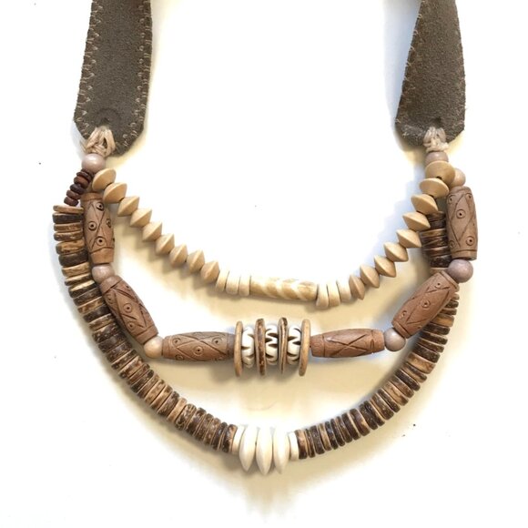 Twine & Twig Layered Classic Beaded Necklace Womens Suede Strap Cream Bronze - Picture 4 of 12